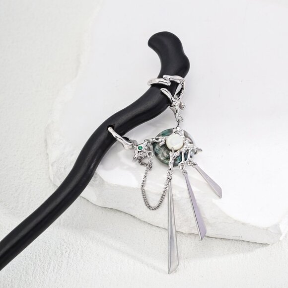 🌿 Artisan Original Design "New Chinese Style" Moss Agate Sandalwood Hair Stick - Picture 5 of 8